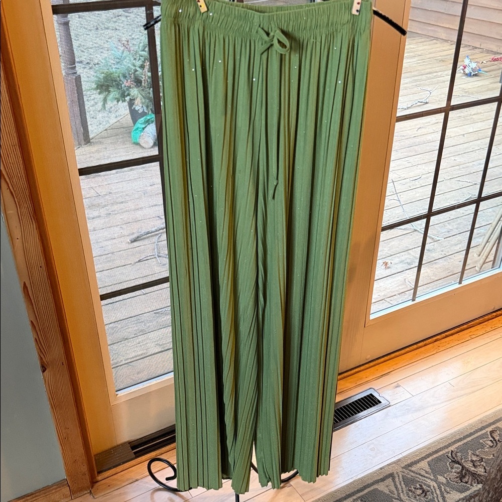 Olive Green Pleated Wide Leg Pants Glitter Shimmer High Waist Drawstring OS